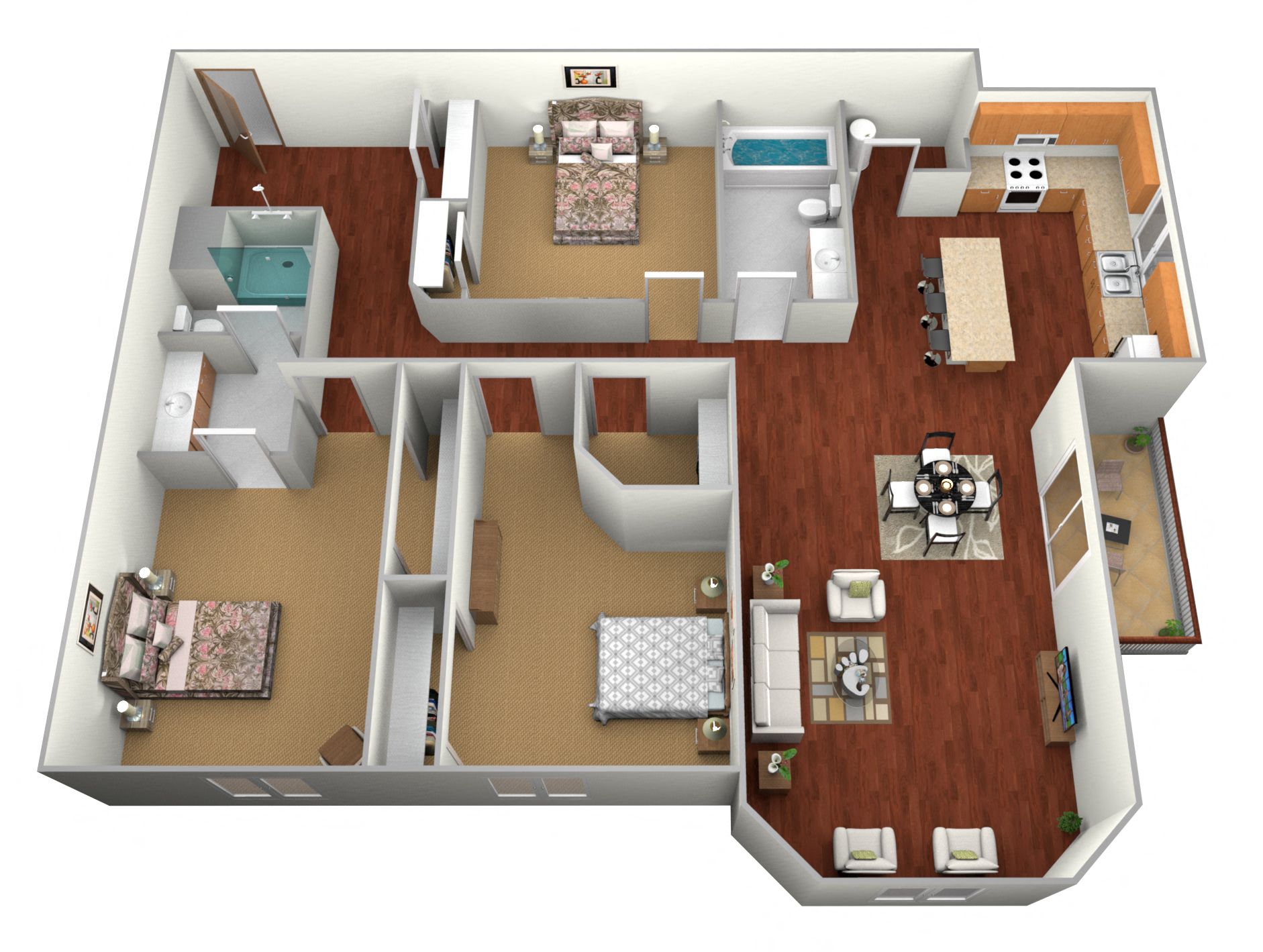 Floor plan for 3 beds, 2 baths, 1565 sqft